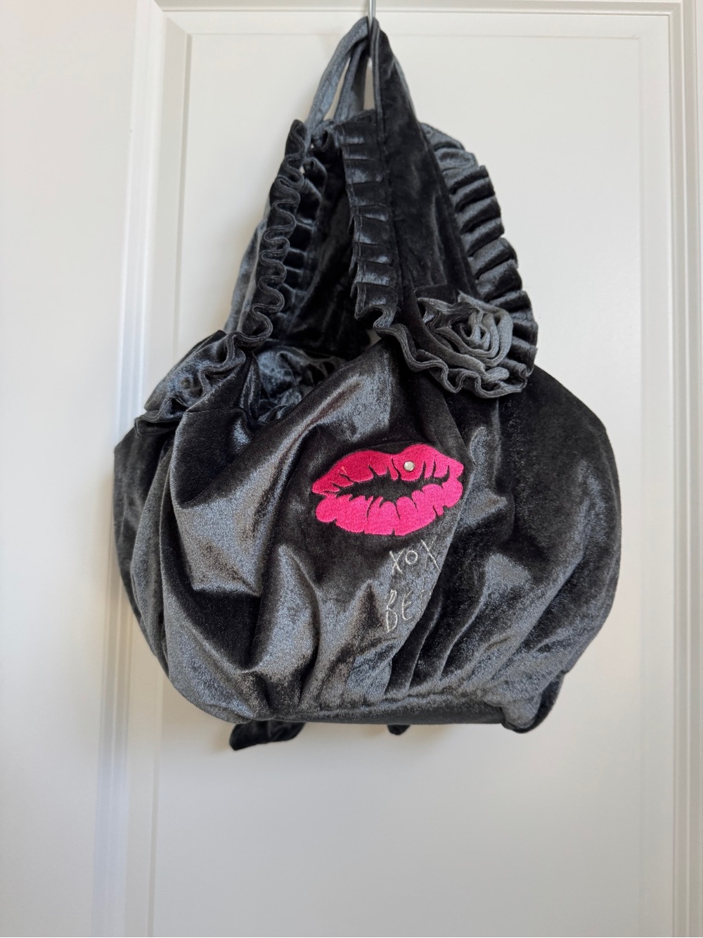 Y2K Betsey Johnson Black Velvet Hobo with Hot Pink Lip Patch